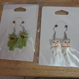 Cute Frog and Cat Earrings Set